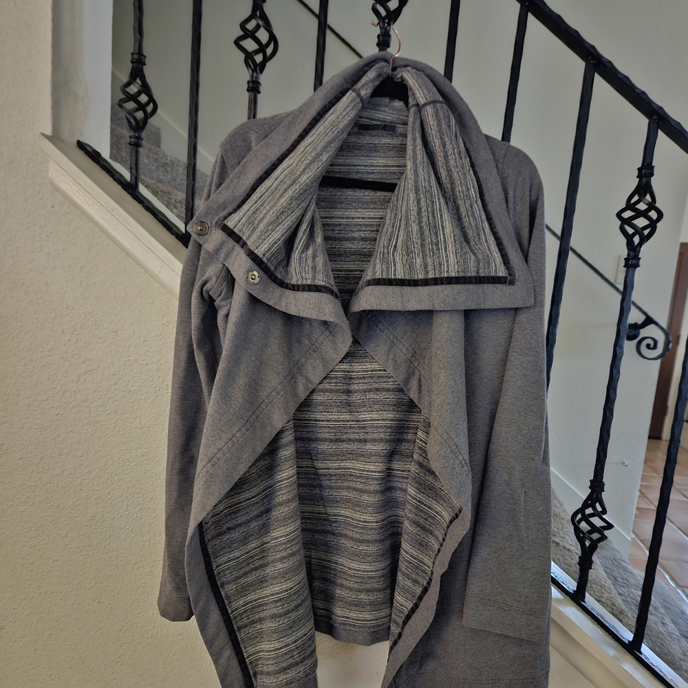 Gray Cardigan Sweater with Striped Design